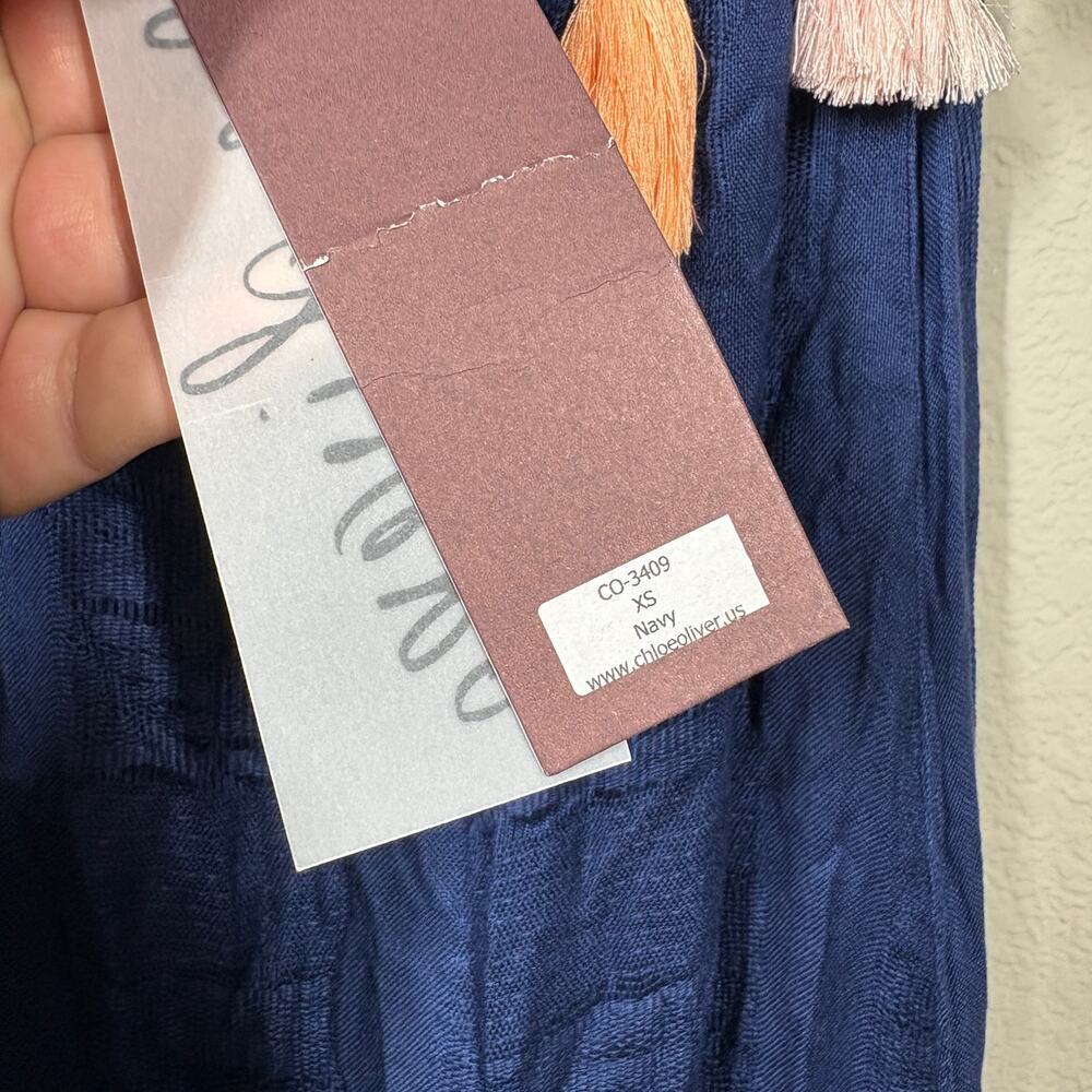 Chloe Oliver XS Palm Beach Tassel Off The Shoulder Summer Boho Dress Navy Rayon - Picture 8 of 9